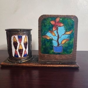 Vintage MCM Copper & Enamel Floral Desk Set arts crafts office flower pen holder